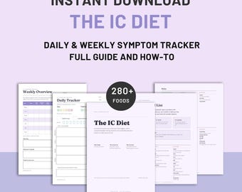 May include: A digital printable guide titled The IC Diet featuring a daily and weekly symptom tracker. The set includes multiple pages with lists of 280+ foods, tracking logs, and instructional text on a light purple background with dark text.