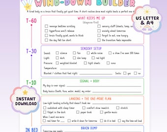 May include: A Wind-Down Builder printable worksheet featuring a timeline from T-60 to morning. Sections include What Keeps Me Up, Sensory Setup, Signal + Body, Landing + The One-More Plan, Brain Dump, and Set Up At Night with checkboxes and lines.