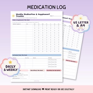 Op de afbeelding: Een printbaar medicatielogboek met een wekelijkse medicatie- en supplemententracker, kolommen voor de dagen van de week, selectievakjes en secties voor zo nodig in te nemen medicatie, bijwerkingen en notities voor de arts.