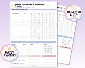 May include: A printable medication log featuring a Weekly Medication & Supplement Tracker with columns for days of the week, checkboxes, and sections for as-needed meds, side effects, and doctor notes. Includes labels for US Letter & A4 sizes.