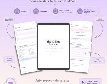May include: A digital 10-week IC flare tracker journal displayed on a tablet screen, surrounded by printed pages featuring symptom tracking, food guides, and weekly reflection logs. The layout includes text headers, icons, and an instant download label.