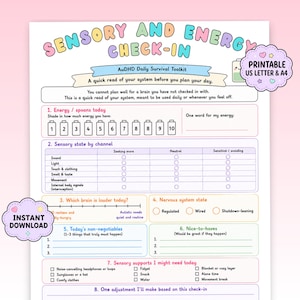 Sensory + Energy Daily Check In | AuDHD Printable | Autistic + ADHD Sensory Tracker | Spoonie Planner | PDF