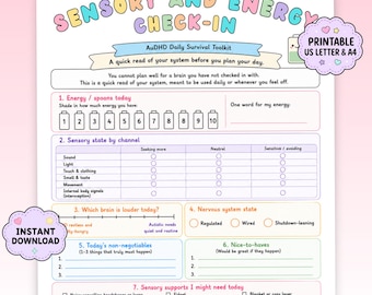 Sensory + Energy Daily Check In | AuDHD Printable | Autistic + ADHD Sensory Tracker | Spoonie Planner | PDF