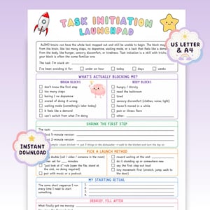 May include: A Task Initiation Launchpad printable worksheet featuring sections for identifying brain and body blocks, shrinking tasks, picking launch methods, and establishing a starting ritual. The document includes colourful headers, a rocket, a star, and checkboxes.