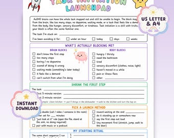 May include: A Task Initiation Launchpad printable worksheet featuring sections for identifying brain and body blocks, shrinking tasks, picking launch methods, and establishing a starting ritual. The document includes colorful headers, a rocket, a star, and checkboxes.
