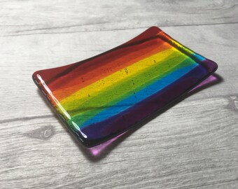 Rainbow Fused Glass Soap Dish, Fused Glass Plate, Pride Gift, Rainbow Home Decor, Bathroom Accessories, Rainbow Striped Soap Dish