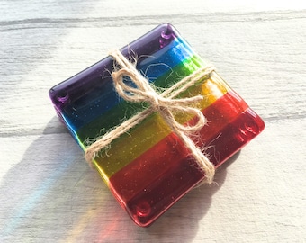Set of 4 Rainbow Coasters, Fused Glass Coasters, Drink Coasters, Rainbow Glass, Housewarming Gift, Rainbow Decor, Rainbow Gift, Pride Gift