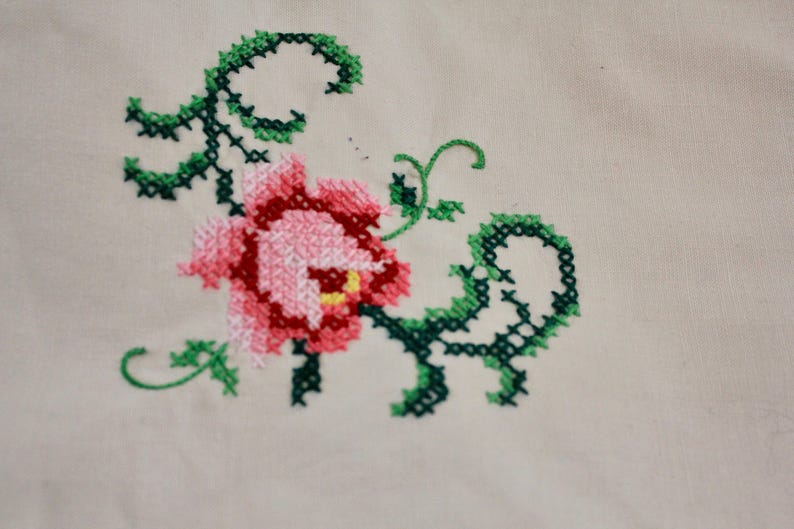 Cross-stitched Floral 1960s Vintage Tablecloth