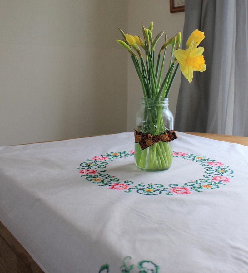 Cross-stitched Floral 1960s Vintage Tablecloth