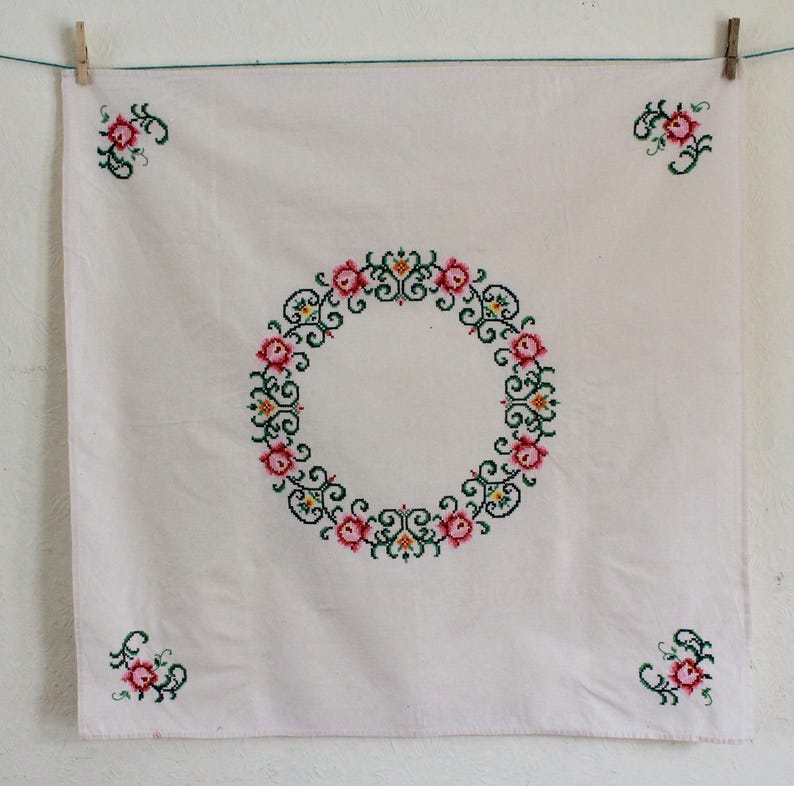 Cross-stitched Floral 1960s Vintage Tablecloth