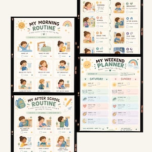 Peut inclure: Trois tableaux de routine illustrés intitulés My Daily Routine, My Morning Routine et My After School Routine, ainsi qu'un My Weekend Planner. Chaque tableau présente des personnages de dessin animé colorés, des listes de tâches et du texte.