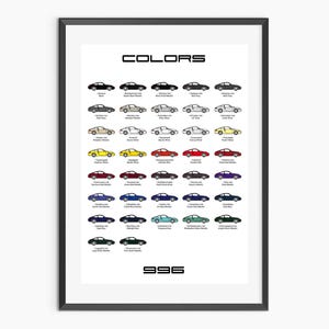 Könnte beinhalten: Gerahmter Druck mit einem Raster von farbigen Autoillustrationen. Das Wort "COLORS" steht oben, mit der Zahl "996" unten. Jedes Auto hat eine andere Farbe, mit dem Farbnamen darunter.