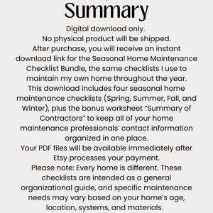 May include: A digital download document titled "Document Summary" with text describing a seasonal home maintenance checklist bundle. The document includes checklists for Spring, Summer, Fall, and Winter, plus a worksheet for contractor information.