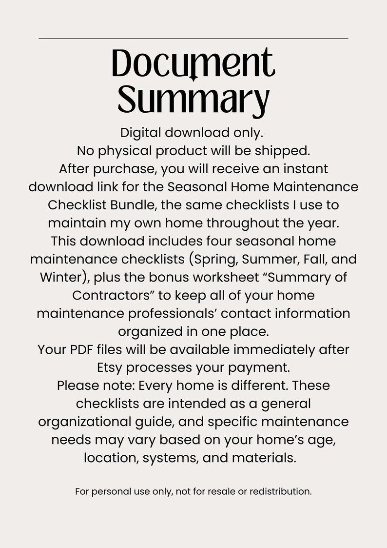 May include: A digital download document titled "Document Summary" with text describing a seasonal home maintenance checklist bundle. The document includes checklists for Spring, Summer, Fall, and Winter, plus a worksheet for contractor information.