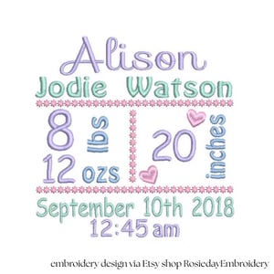 Puede incluir: Dise&ntilde;o bordado en colores pastel con el nombre "Alison" sobre "Jodie Watson". Incluye detalles de nacimiento: 3,6 kg, 340 g, 50,8 cm, y la fecha 10 de septiembre de 2018 a las 12:45 am. Tambi&eacute;n se incluyen dos corazones.