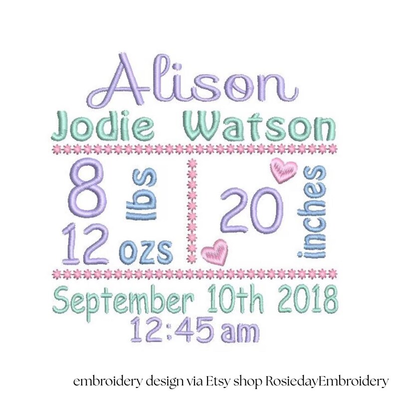 Puede incluir: Dise&ntilde;o bordado en colores pastel con el nombre "Alison" sobre "Jodie Watson". Incluye detalles de nacimiento: 3,6 kg, 340 g, 50,8 cm, y la fecha 10 de septiembre de 2018 a las 12:45 am. Tambi&eacute;n se incluyen dos corazones.