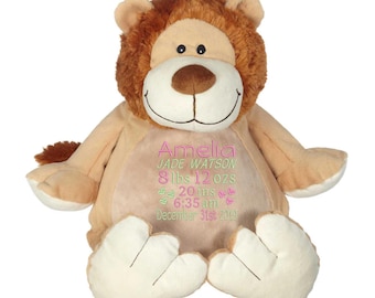 Peluche de león bordado, estadísticas de nacimiento de bebé personalizadas