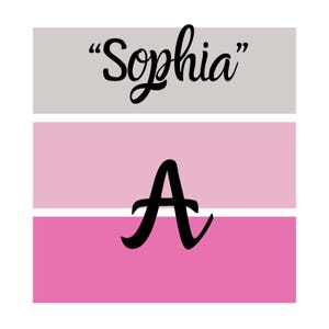 Puede incluir: Un dise&ntilde;o gr&aacute;fico con el nombre "Sophia" en escritura negra sobre una gran letra "A" negra. El fondo est&aacute; dividido en tres secciones horizontales: gris, rosa claro y rosa intenso.