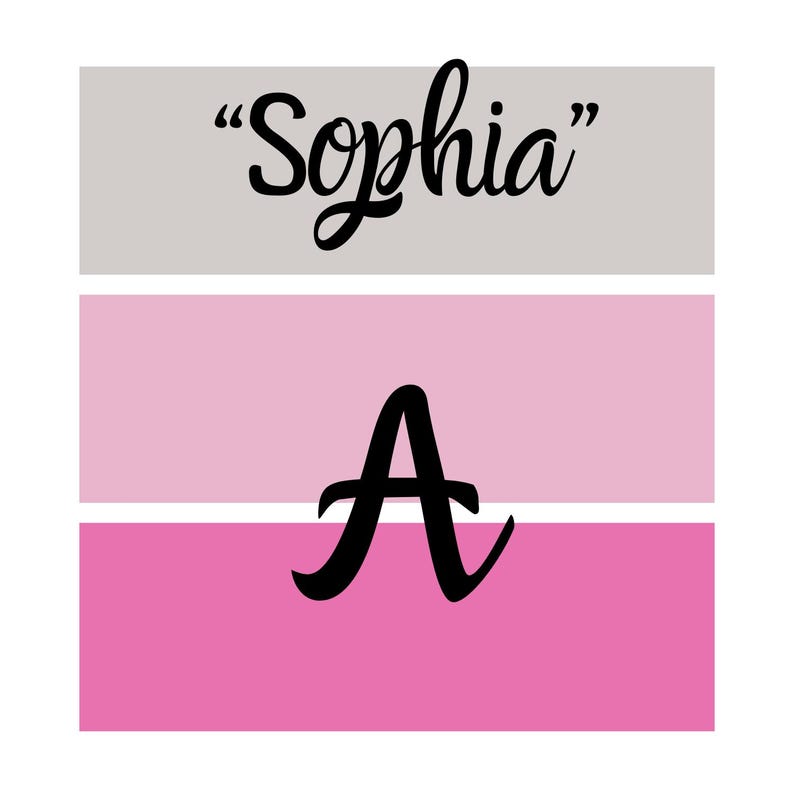 Puede incluir: Un dise&ntilde;o gr&aacute;fico con el nombre "Sophia" en escritura negra sobre una gran letra "A" negra. El fondo est&aacute; dividido en tres secciones horizontales: gris, rosa claro y rosa intenso.
