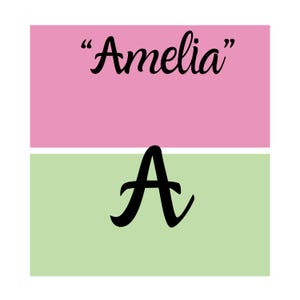 Puede incluir: Dise&ntilde;o gr&aacute;fico con el nombre "Amelia" en escritura negra sobre una gran letra "A" negra. El nombre est&aacute; sobre un fondo rosa, y la letra "A" sobre un fondo verde claro.