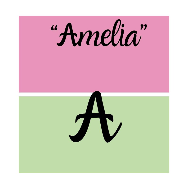Puede incluir: Dise&ntilde;o gr&aacute;fico con el nombre "Amelia" en escritura negra sobre una gran letra "A" negra. El nombre est&aacute; sobre un fondo rosa, y la letra "A" sobre un fondo verde claro.