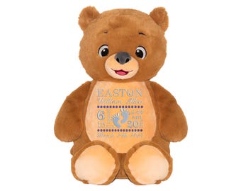 Osito de peluche bordado con las estadísticas de nacimiento, regalo personalizado para bebé