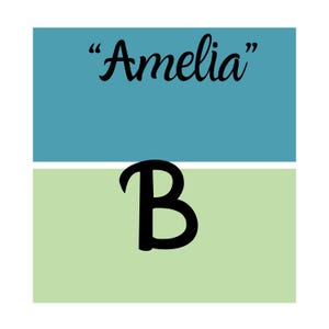 Puede incluir: Un dise&ntilde;o gr&aacute;fico con el nombre "Amelia" en escritura negra sobre una gran letra "B" negra. El fondo est&aacute; dividido en dos secciones horizontales: una parte superior azul verdoso y una inferior verde claro.