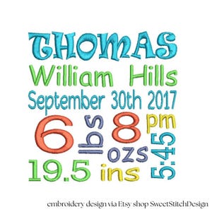 Puede incluir: Texto bordado sobre fondo blanco. El texto incluye el nombre "THOMAS", "William Hills", la fecha "30 de septiembre de 2017", el peso 2,7 kg 227 g, la longitud 49,5 cm y la hora 17:45.