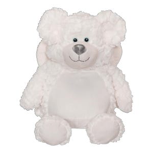Puede incluir: Un oso de peluche blanco con un exterior suave y texturizado. El oso tiene una nariz gris claro, ojos azules y una sonrisa cosida. Sus brazos y piernas son redondeados. Un juguete tierno y reconfortante.