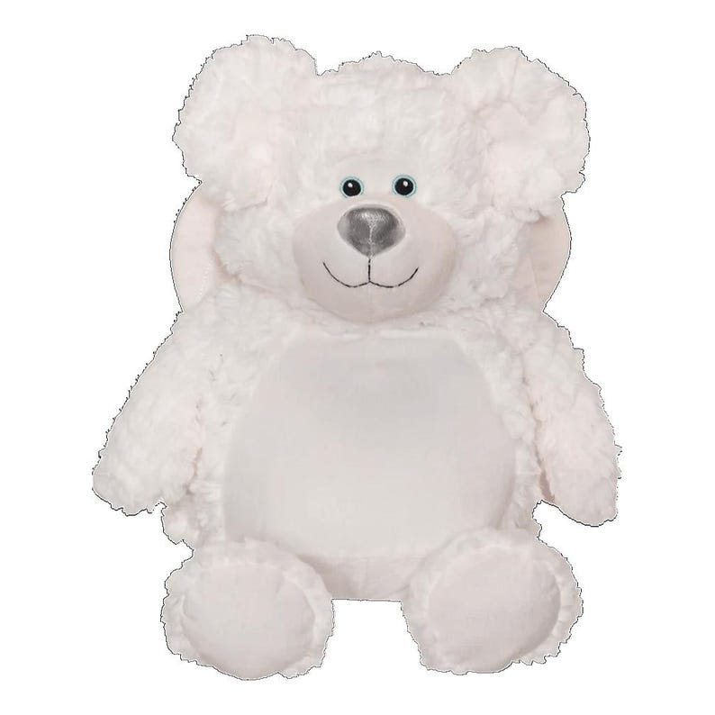 Puede incluir: Un oso de peluche blanco con un exterior suave y texturizado. El oso tiene una nariz gris claro, ojos azules y una sonrisa cosida. Sus brazos y piernas son redondeados. Un juguete tierno y reconfortante.