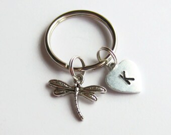 Personalised Dragonfly Keyring ~ Silver Dragonfly Keychain ~ Hand Stamped Initial Charm ~ Dragon Fly Key Ring ~ Girls Dragonfly Accessories