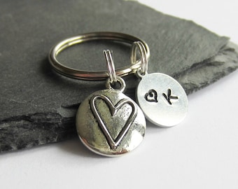 Personalised Heart Key Ring ~ Silver Love Heart Key Chain ~ Hand Stamped Initial Charm Keyring for Women ~ Ladies Keychain ~ New Home Gift