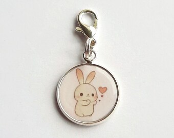 Cute Bunny Rabbit and Love Hearts Bag Charm or Zipper Pull, Handmade Clip On Purse Charm, Rabbit Lover Gift, Kawaii Stitch Marker ~ 37x16mm