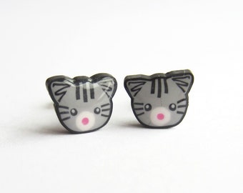 Cute Grey Tabby Cat Stud Earrings - Little Gray Kitty Cat Polymer Clay and Resin Earrings - Plated, Steel or Sterling Posts - 9mm - 11mm