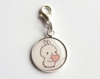 Handmade Cute Bunny Rabbit and Love Heart Bag Charm or Zipper Pull, Clip On Purse Charm, Rabbit Lover Gift, Kawaii Stitch Marker ~ 37 x 16mm