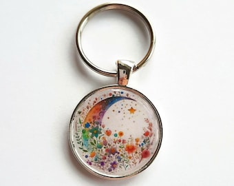 Floral Crescent Moon Key Ring ~ Boho Moon Key Chain ~ Moon and Flowers Picture Keychain ~ Rainbow Colours Celestial Keyring ~ Womens Gifts