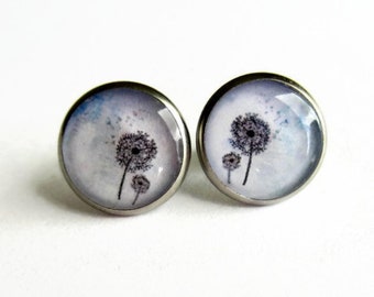 Pale Blue Dandelion Earrings ~ Pretty Dandelion Clocks Studs ~ Whimsical Make a Wish Earrings ~ Resin and Hypoallergenic Surgical Steel