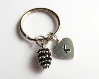 Personalised Pine Cone Keyring ~ Silver Pine Cone Keychain ~ Handstamped Initial Charm ~ Pinecone Key Ring ~ Womens Pine Cone Accessories