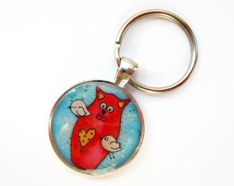 Red Cat, Birds and Love Heart Keychain ~ Quirky Cat Key Ring ~ Cute Cat Keyring ~ Fun Valentines Gift for Cat Lover ~ Womens Accessories