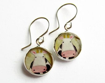 Funny Cow Earrings ~ Quirky Cow Drop Earrings ~ Cute Cow Dangle Earrings ~ Cow Charm Earrings ~ Fun Gift for Farmer ~ Choice of Ear Wires