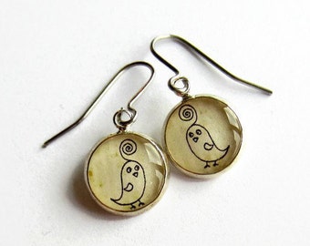 Doodle Art Bird Drop Earrings ~ Cute Handmade Dangle Earrings ~ Handcrafted Quirky Resin Jewellery ~ Bird Lover Gift ~ Choice of Ear Wires