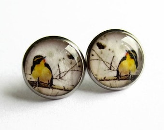 Little Yellow Bird Earrings - Dainty Bird Stud Earrings - Gift for Bird Lover - Hypoallergenic Surgical Steel - Resin Jewellery - 14mm