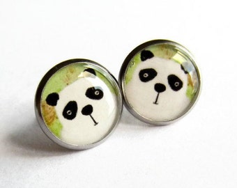 Cute Panda Stud Earrings, Handmade Panda Bear Studs, Whimsical Resin Cabochon Earrings, Gift for Panda Lover ~ Hypoallergenic Surgical Steel