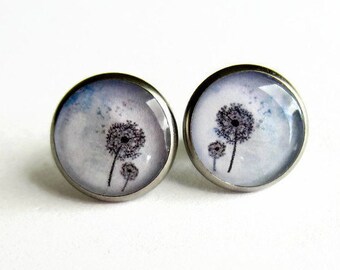 Blue Dandelion Stud Earrings ~ Dandelion Clock Studs ~ Wild Flower Earrings ~ Floral Make A Wish Jewellery ~ Hypoallergenic Surgical Steel