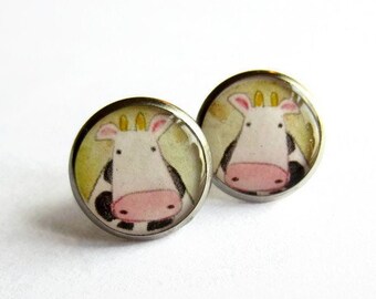 Funny Cow Earrings ~ Quirky Stud Earrings ~ Cute Animal Studs ~ Fun Gift for Farmer or Cow Lover ~ Handmade Resin Cabochons ~ Surgical Steel