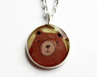 Cute Brown Bear Necklace, Quirky Grizzly Bear Pendant, Handmade Teddy Bear Necklace, Bear Lover Gift, Small Resin Cabochon Pendant ~ 18mm