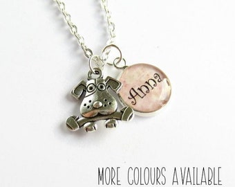 Personalised Dog Necklace - Girls Name Necklace - Cute Dog Pendant - Customised Necklace - Dog Lover Gift - Dog Mom Gift - Silver Plated
