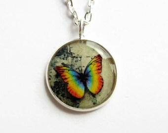 Rainbow Butterfly Necklace ~ Dainty Resin Art Necklace ~ Handmade Picture Pendant ~ Victorian Gothic Grunge Style Necklace ~ 18mm