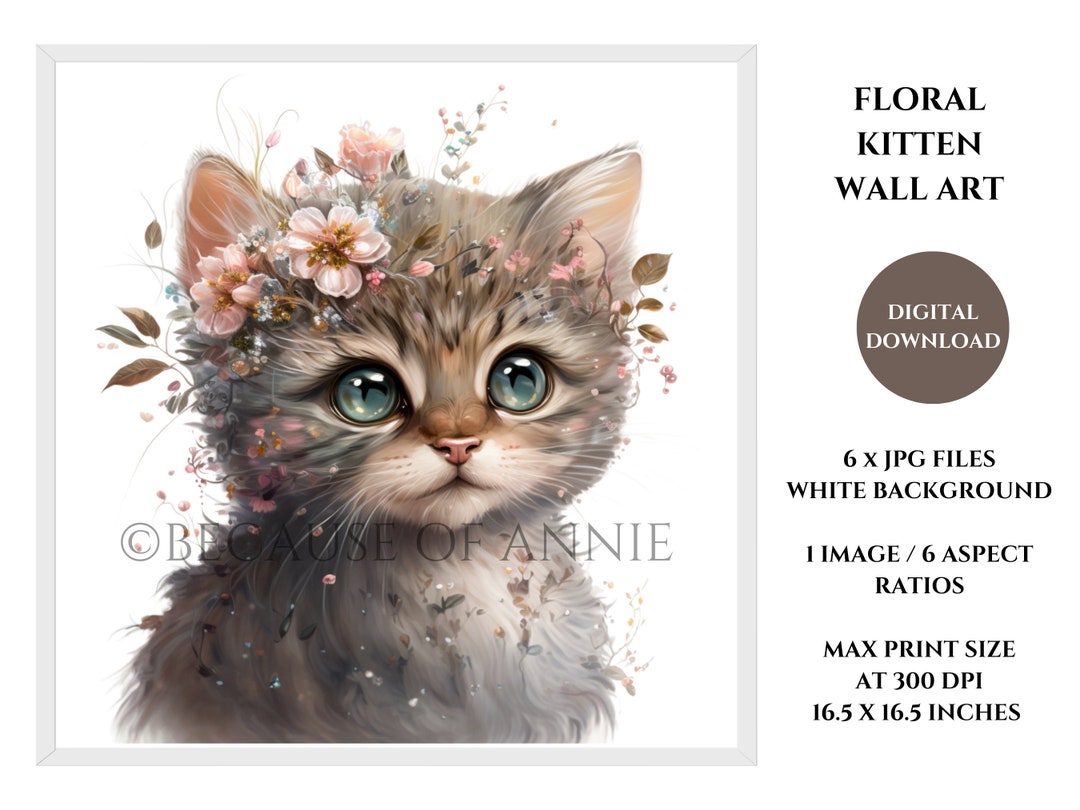 Cute Kitten Wall Art Floral Tabby Cat Printable Room Decor - Etsy