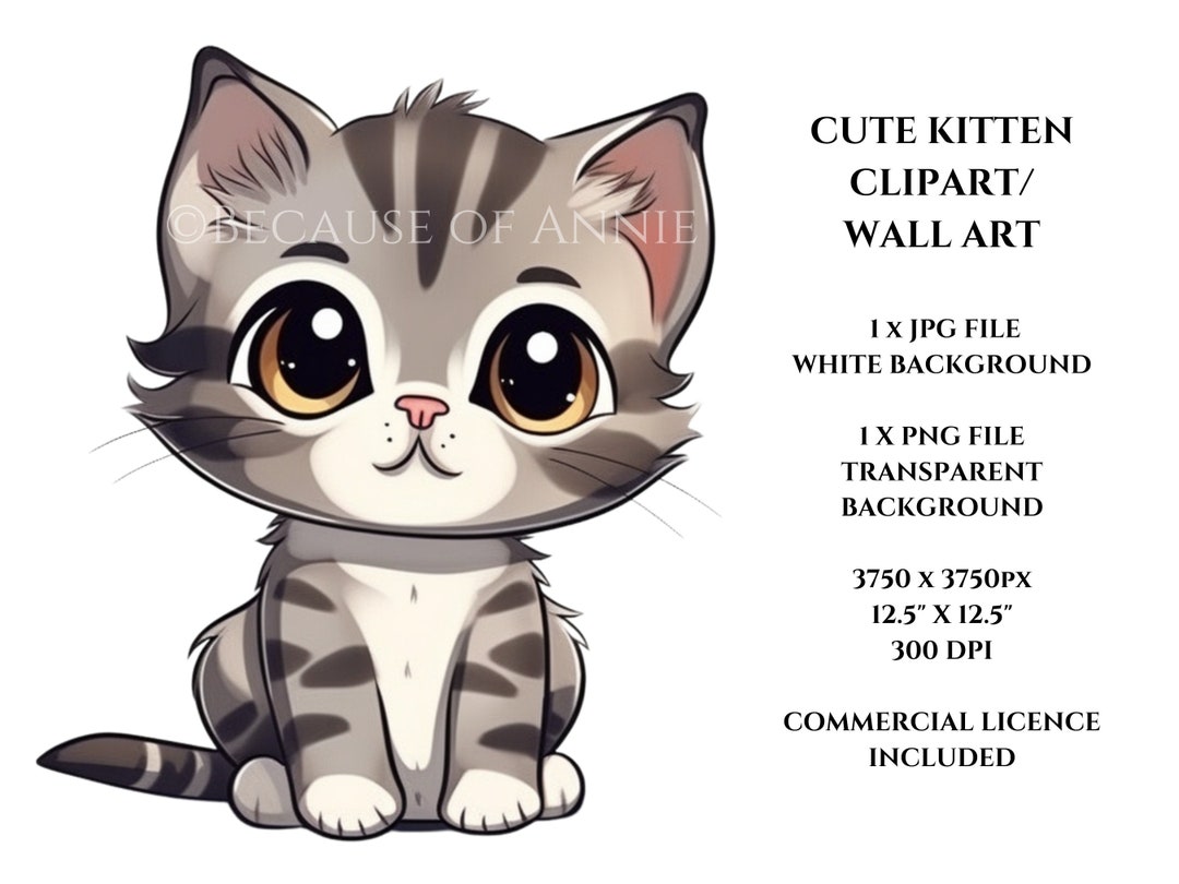 Cute Grey Tabby Kitten Clipart, Gray Cartoon Cat Clip Art, Instant